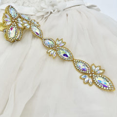Elegant Glass Buckle with Golden Leaves and Crystal Beads