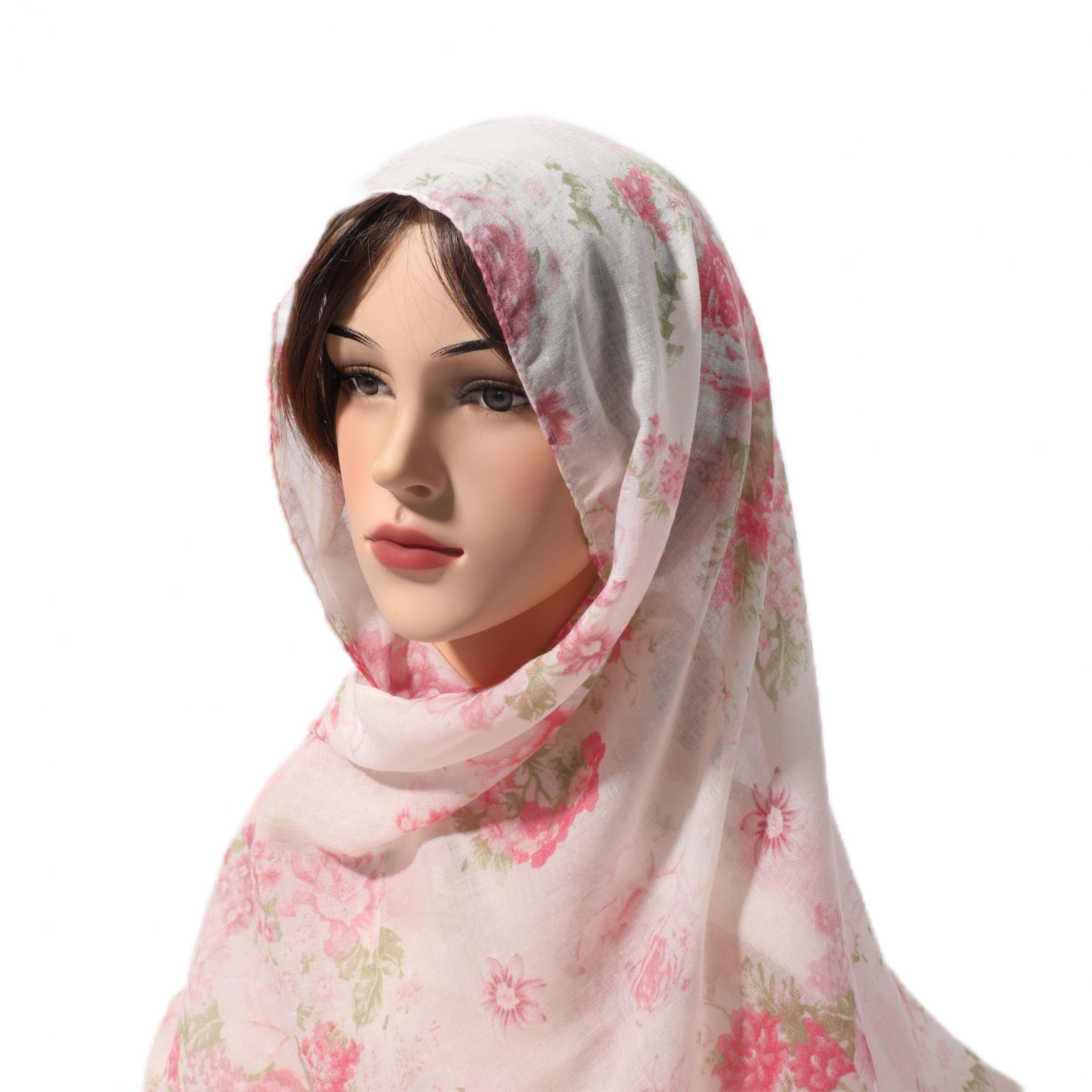 Rose Print Long Scarf Pink Tassel Shawl Windproof Head Wrap