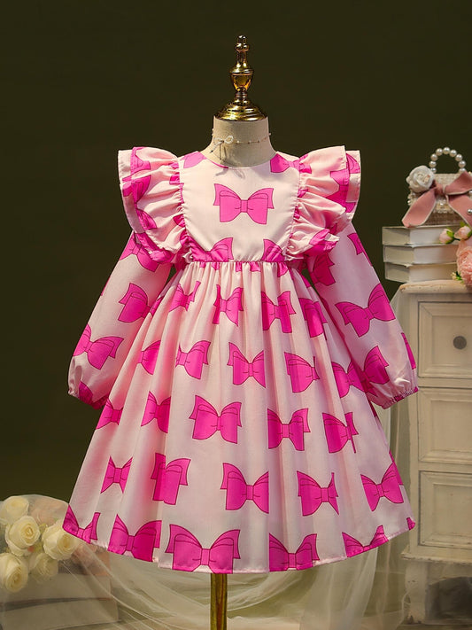 Sweet Bow Allover Princess Dress For Kid Girls Ruffle Trims Casual Dresses