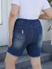  Casual Denim Shorts Women's Plus Solid Ripped Raw Trim Elastic Drawstr