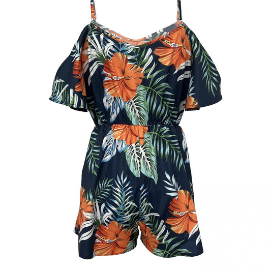 Tropical Print Romper Jumpsuit Cold Shoulder Beach Wear