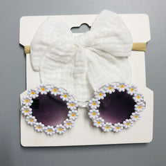 2pcs Baby Girls Bowknot Hairbands & Flower Sunglasses Set