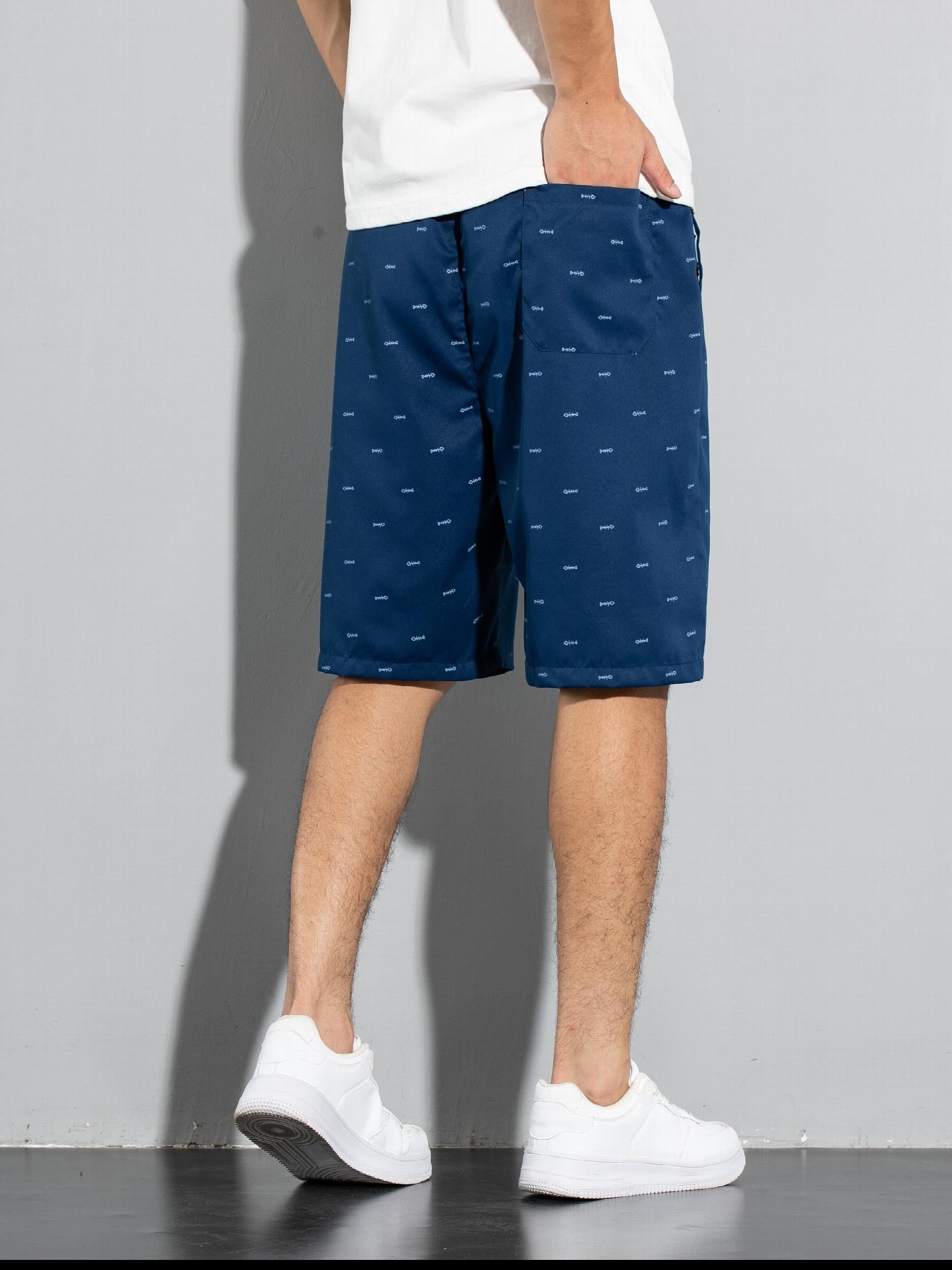 Fish Bone Allover Print Shorts Men's Casual Solid Shorts