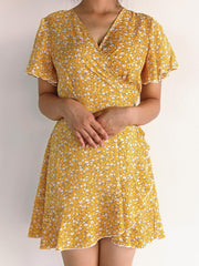 Floral Print Wrap Dress Short Sleeve V Neck Vacation Dress