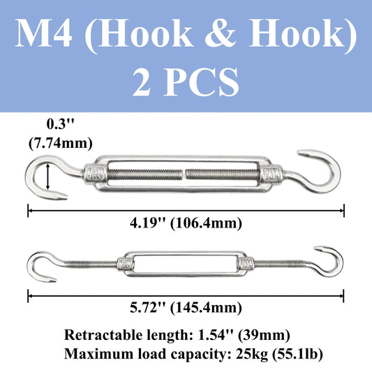4pcs M4-M12 Hook And Hook Turnbuckle 304 Stainless Steel Wire Rope Tension