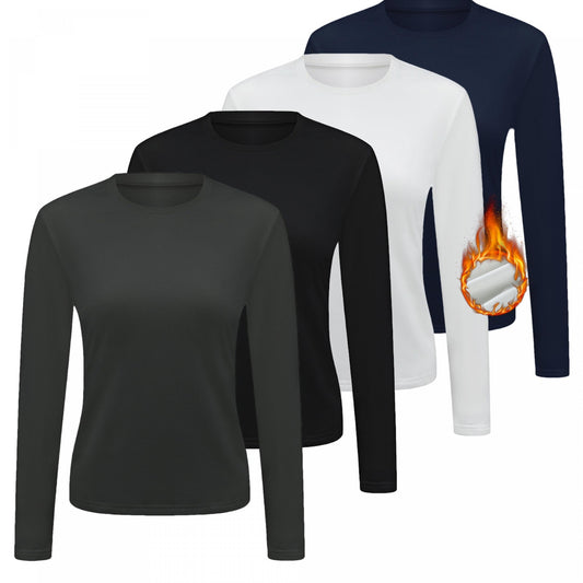 4pcs Solid Warm Round Neck T shirt Long Sleeve Thermal Running Top