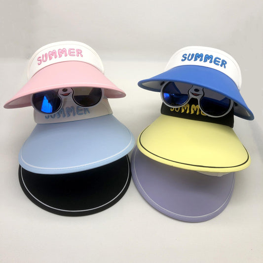 Kids Wide Brim Embroidered Sun Hat w/ Sunglasses for Summer