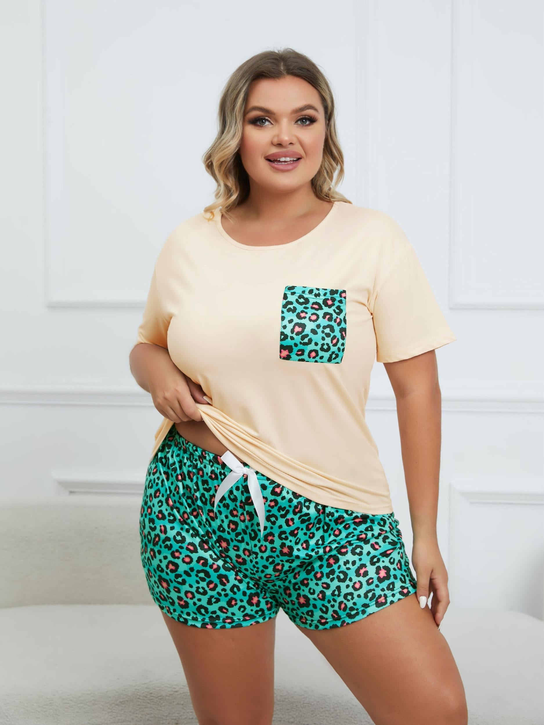  Leopard Print Tee & Bow Knot Shorts Pajama Set