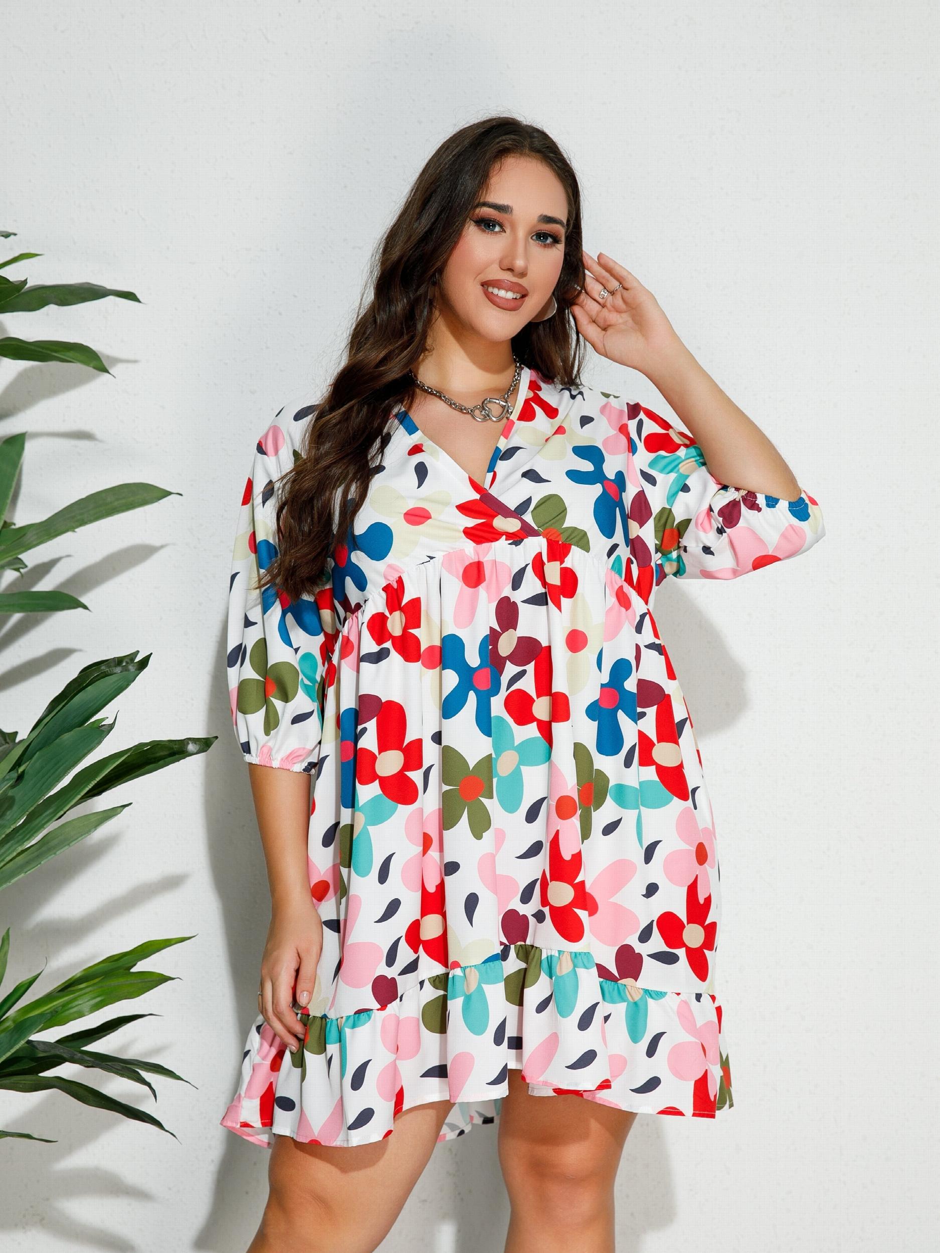 Retro Floral Print V Neck Ruffle Trim Smock Dress