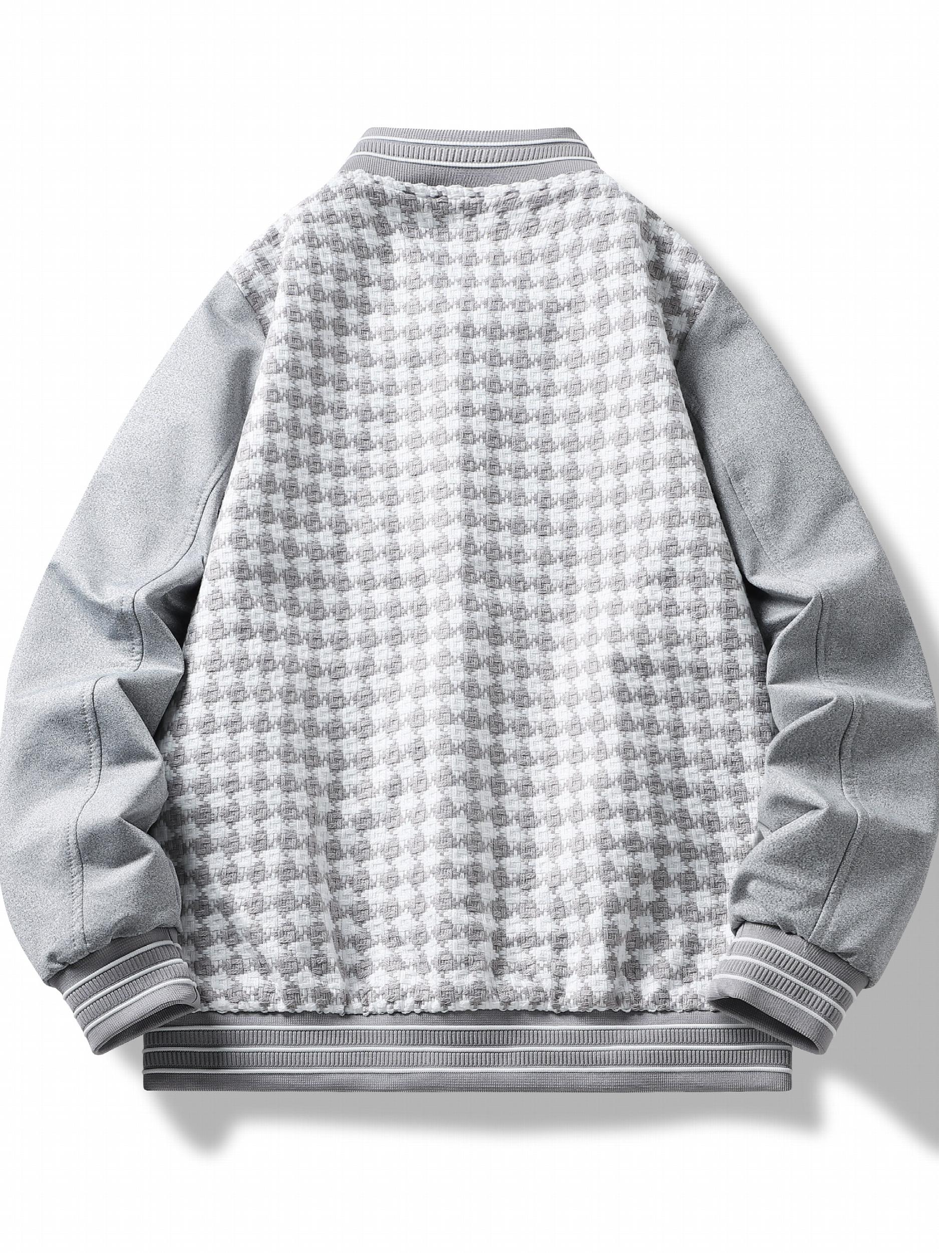 Checkerboard Pattern Varsity Jacket Men's Casual Baseball Collar Button Up Jacke