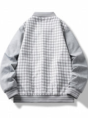 Checkerboard Pattern Varsity Jacket Men's Casual Baseball Collar Button Up Jacke