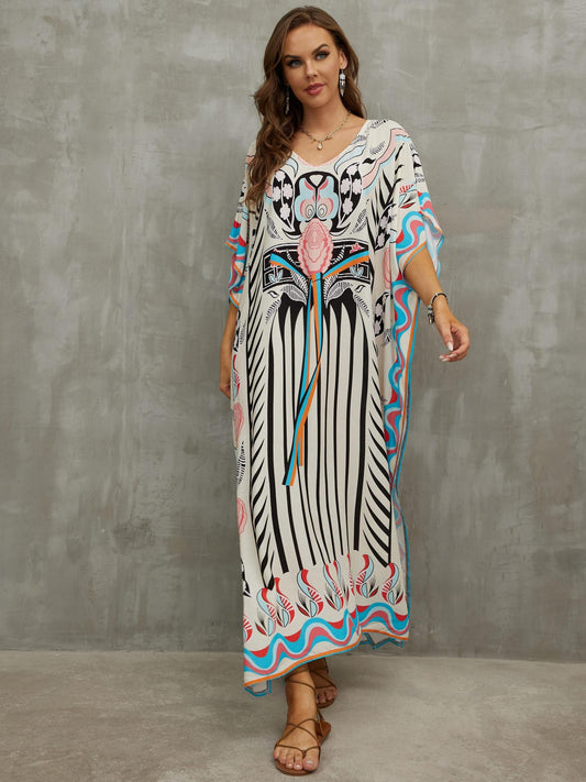 Boho Cover Up Dress Women's Plus Floral Print Bat Sleeve V Neck