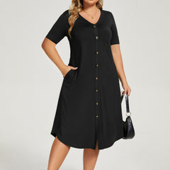  Button Up V Neck Maxi Dress With Pockets
