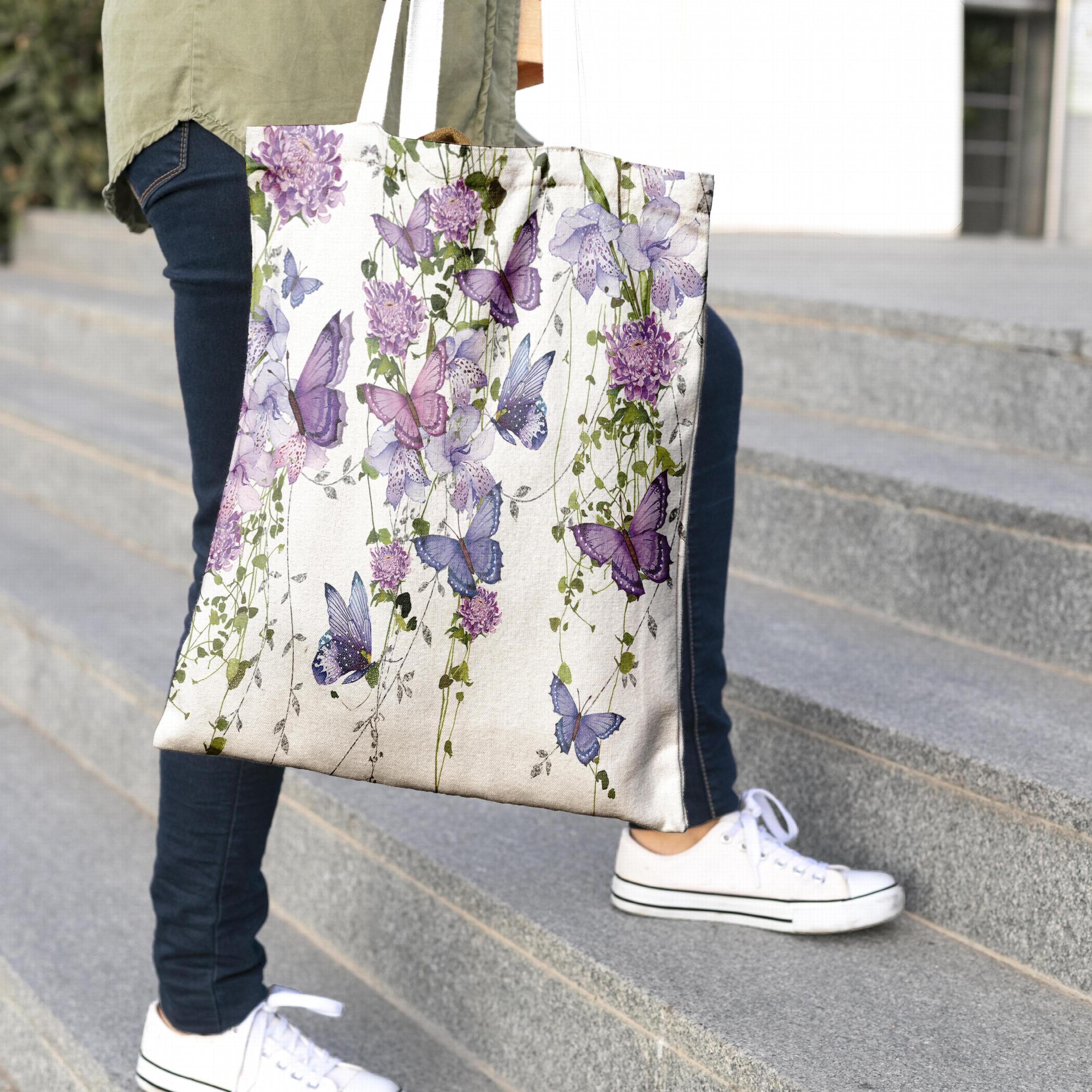 Colorful Butterfly Print Canvas Tote Bag for Daily Shopping