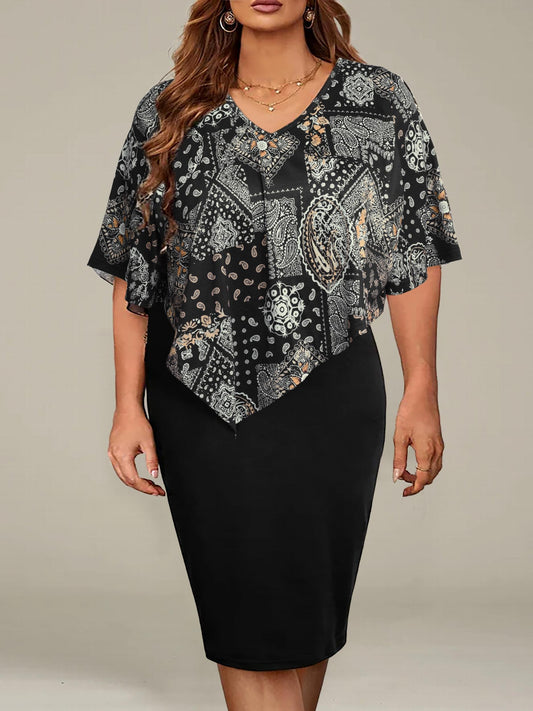  Boho Dress Colorblock Scarf & Paisley Print Short Sleeve V Neck Dress