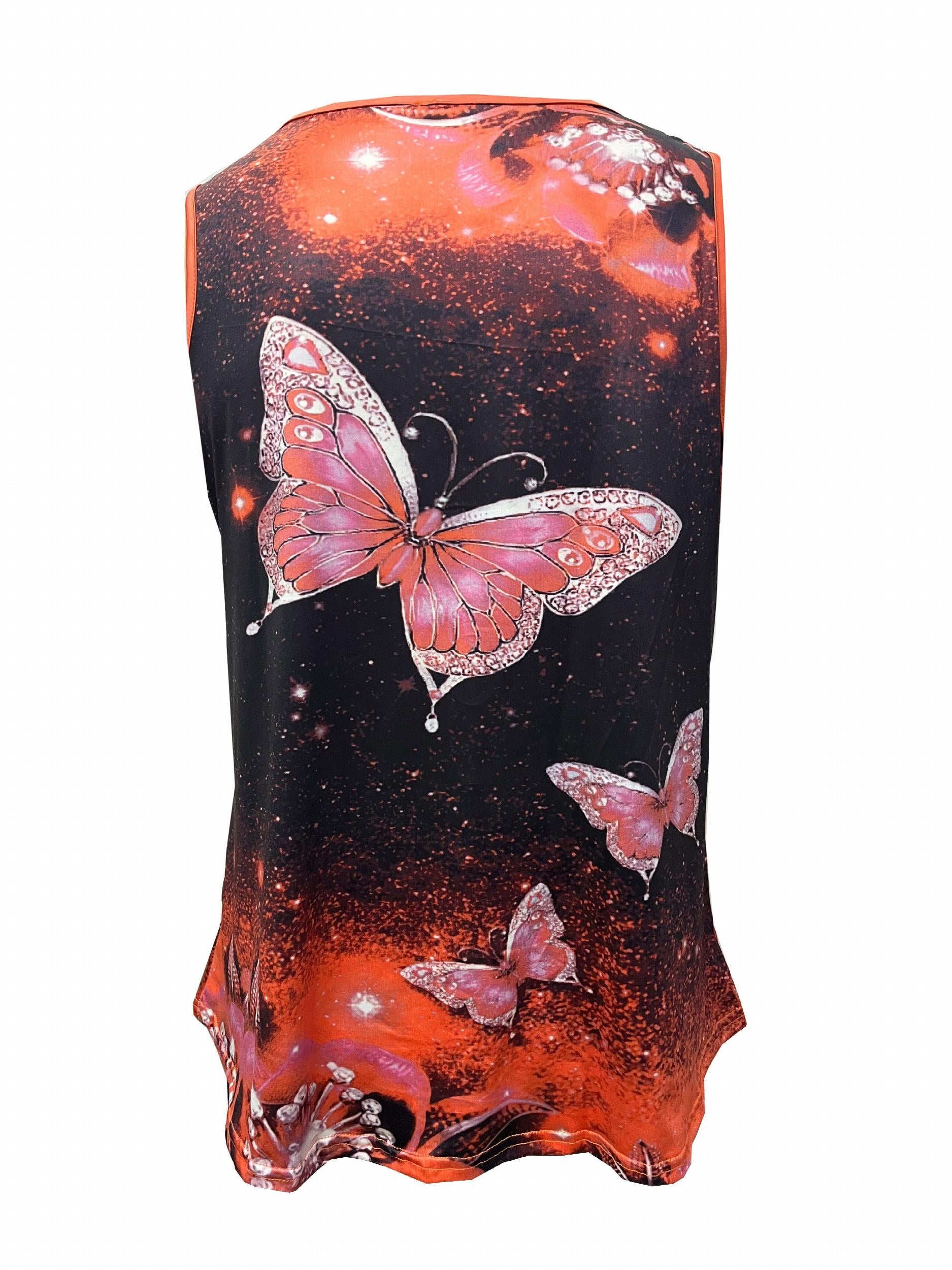 Butterfly Print Zipper V Neck Plus Size Tank Top