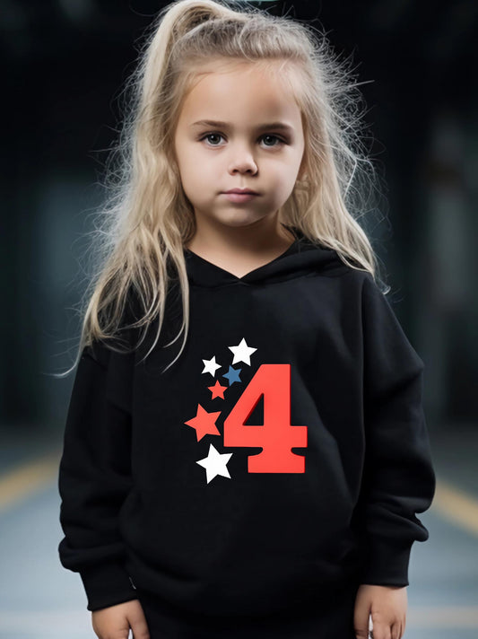 Cartoon Number 4 Hoodie & Pants Set - Girl's Sporty Clothes