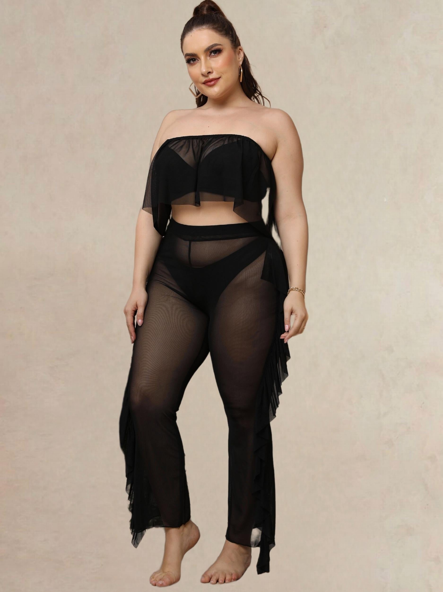  Ruffle Trim Semi Sheer Cover Up Pants