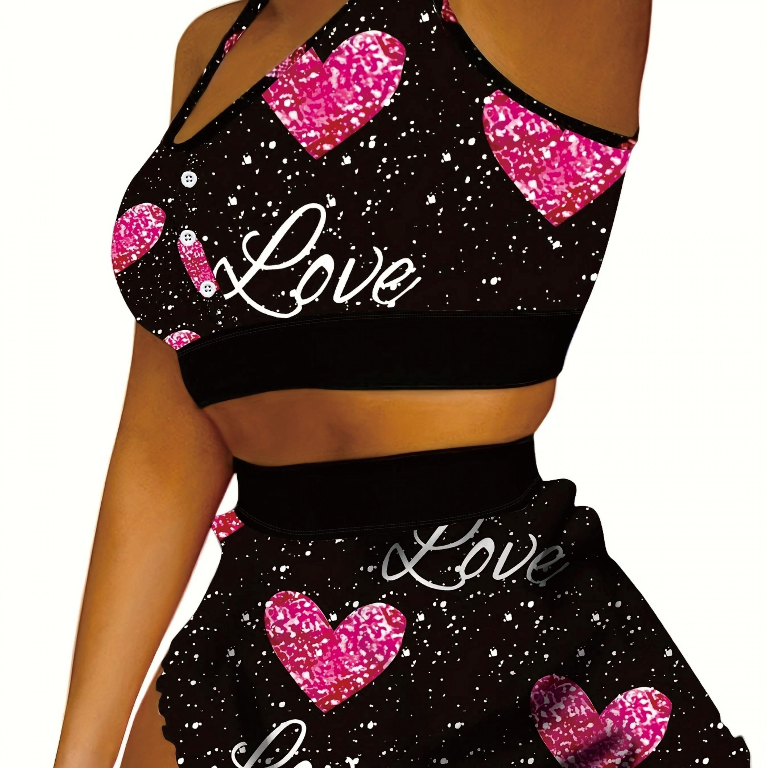  Sexy Pajama Set Splash & Heart Print Crop Cami Top & Shorts