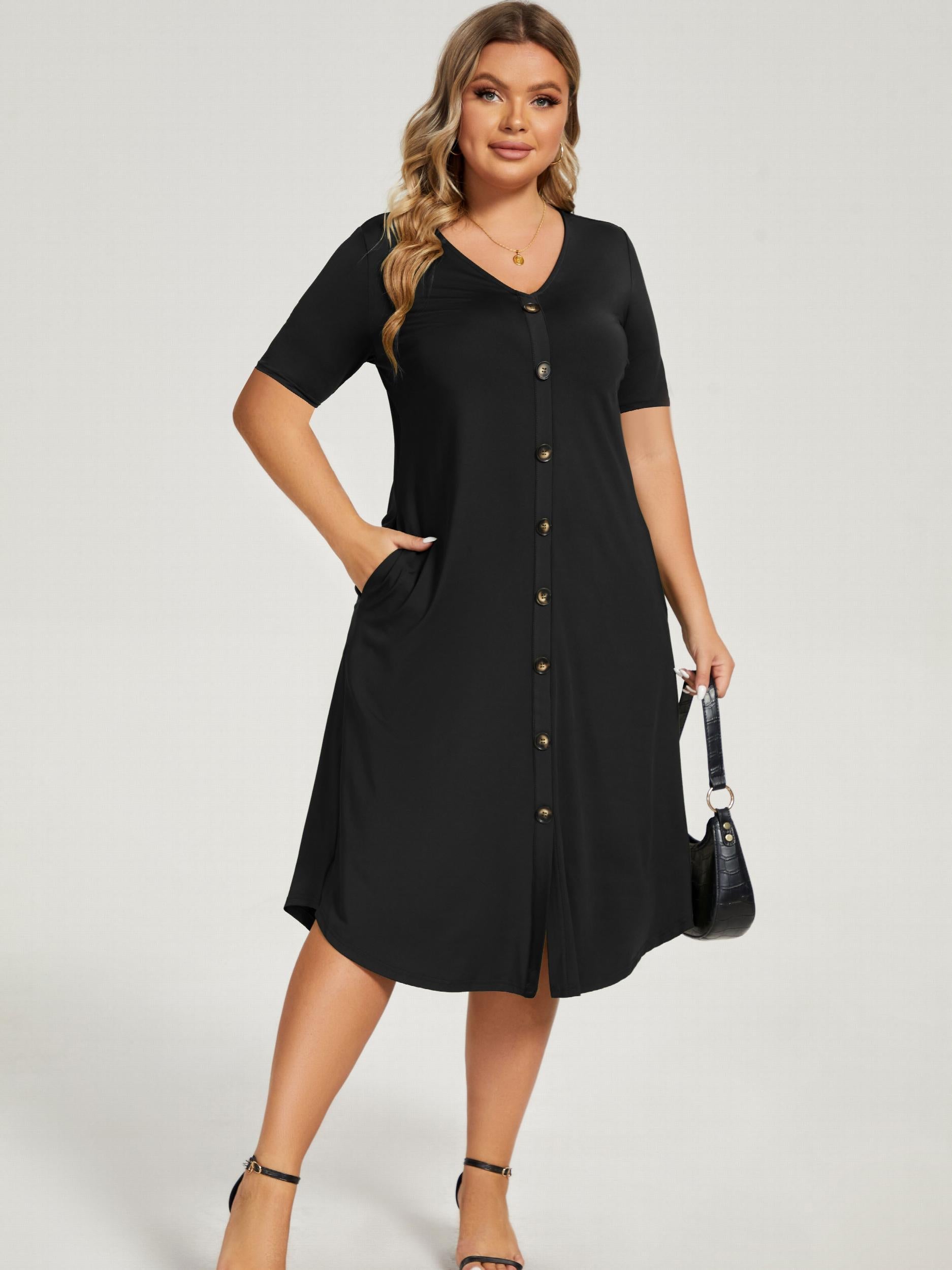  Button Up V Neck Maxi Dress With Pockets