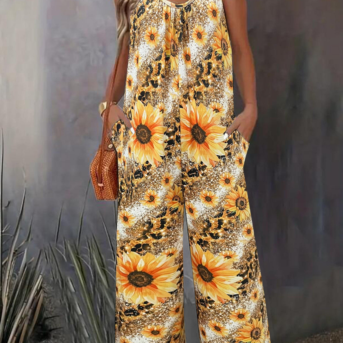  Sunflower & Leopard Print V Neck Wide Leg Cami Jumpsuit With Pockets