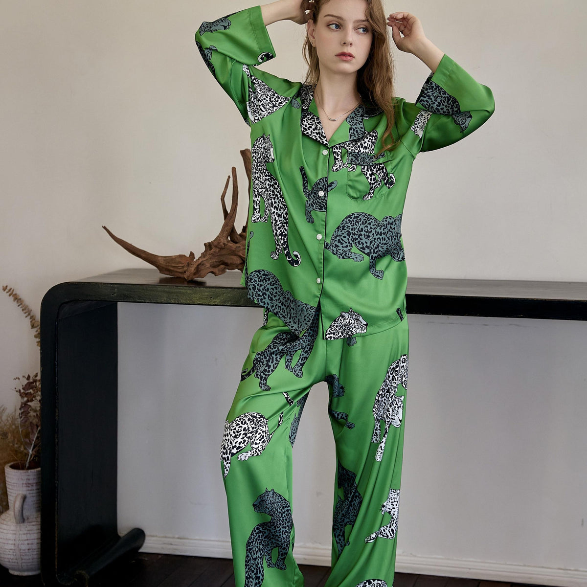 Leopard Print Pajama Set Long Sleeve Top & Pants