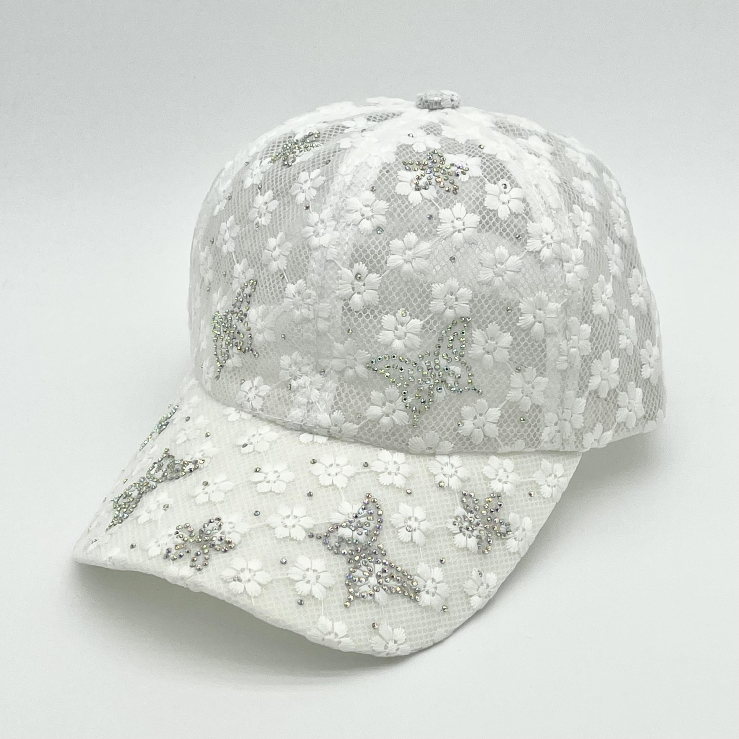 Rhinestone Butterfly Decor Baseball Cap Lace Embroidery Hollow Out Dad Hat