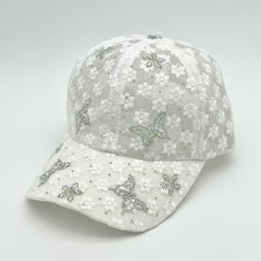 Rhinestone Butterfly Decor Baseball Cap Lace Embroidery Hollow Out Dad Hat