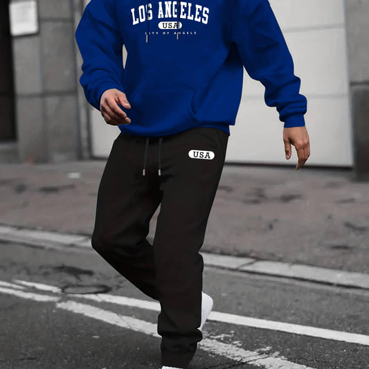 LA Men's 2Pcs Casual Crew Neck T Shirt Hooded Sweatshirt & Sweatpants Set