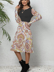  Boho Paisley Print Long Sleeve Stretch Dress