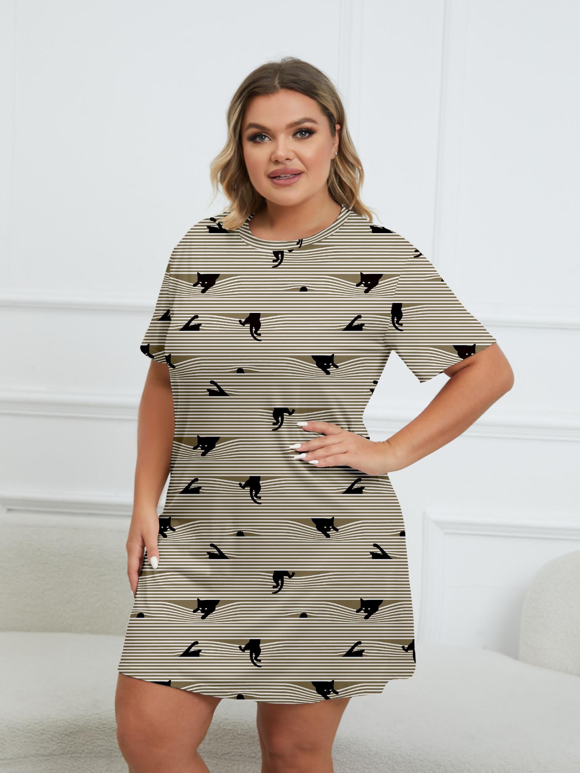  Cat & Stripe Print Tee Nightdress