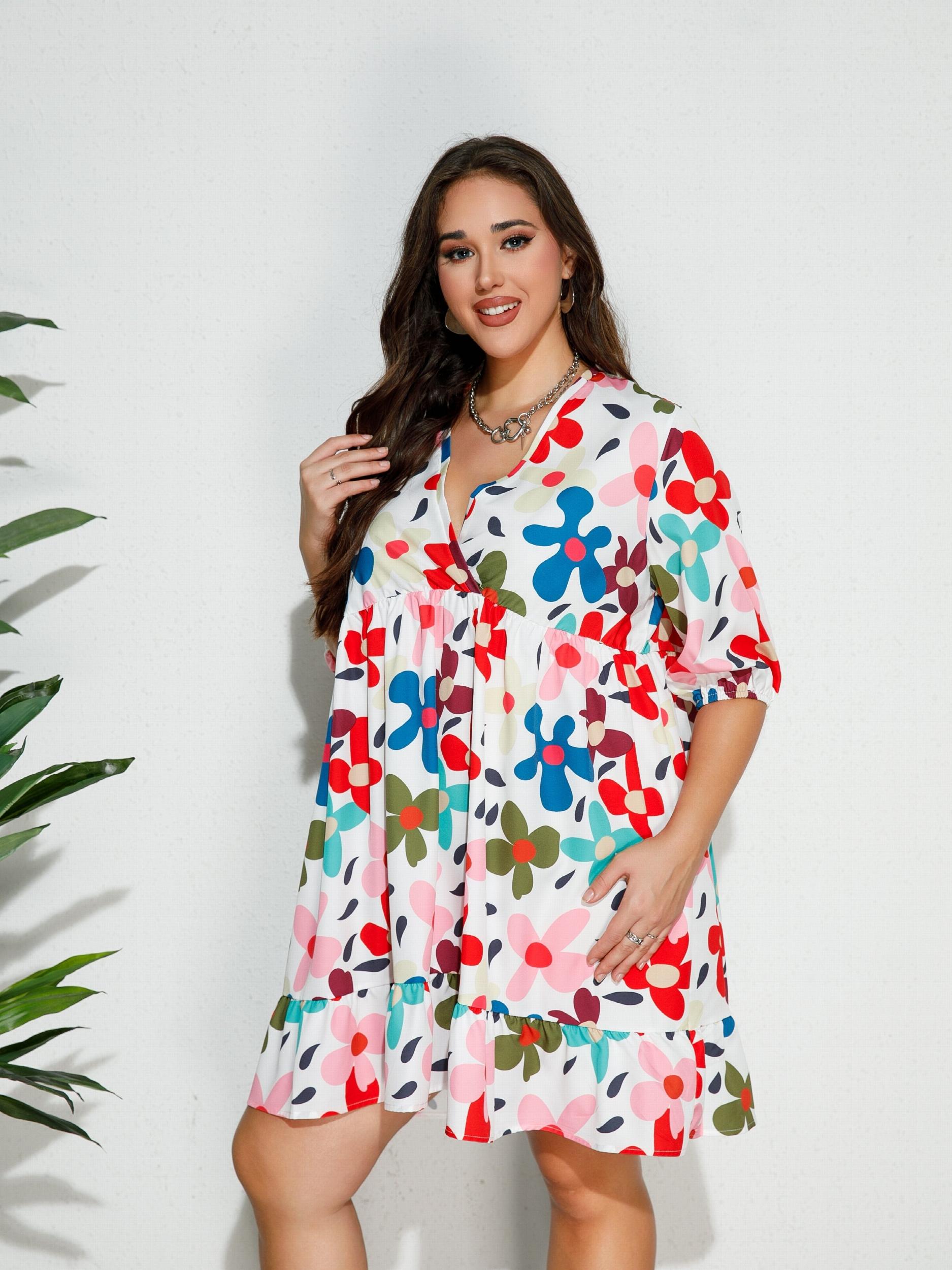  Retro Floral Print V Neck Ruffle Trim Smock Dress