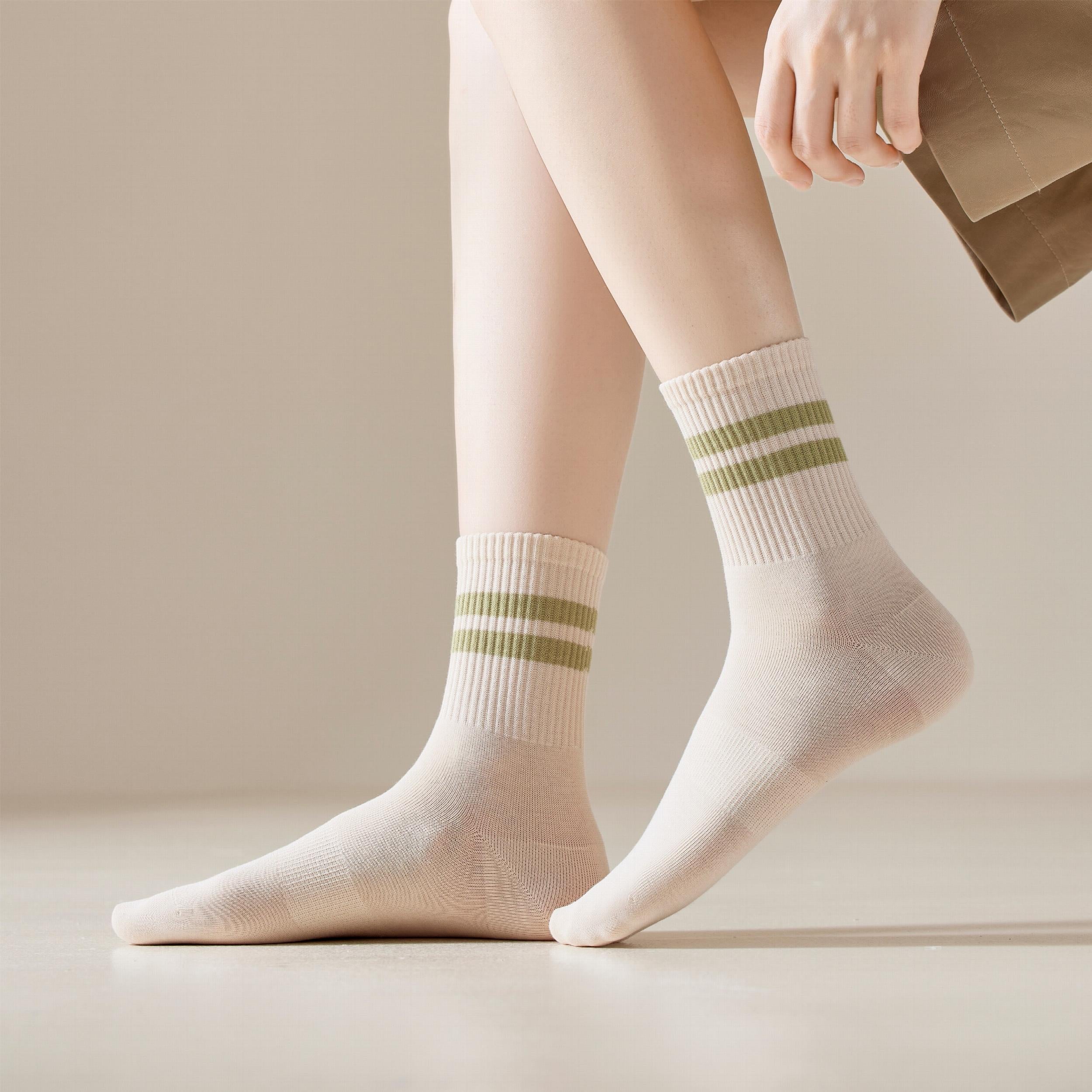 5 Pairs Stripe Print Ribbed Socks Soft Mid Tube Women's Stockings