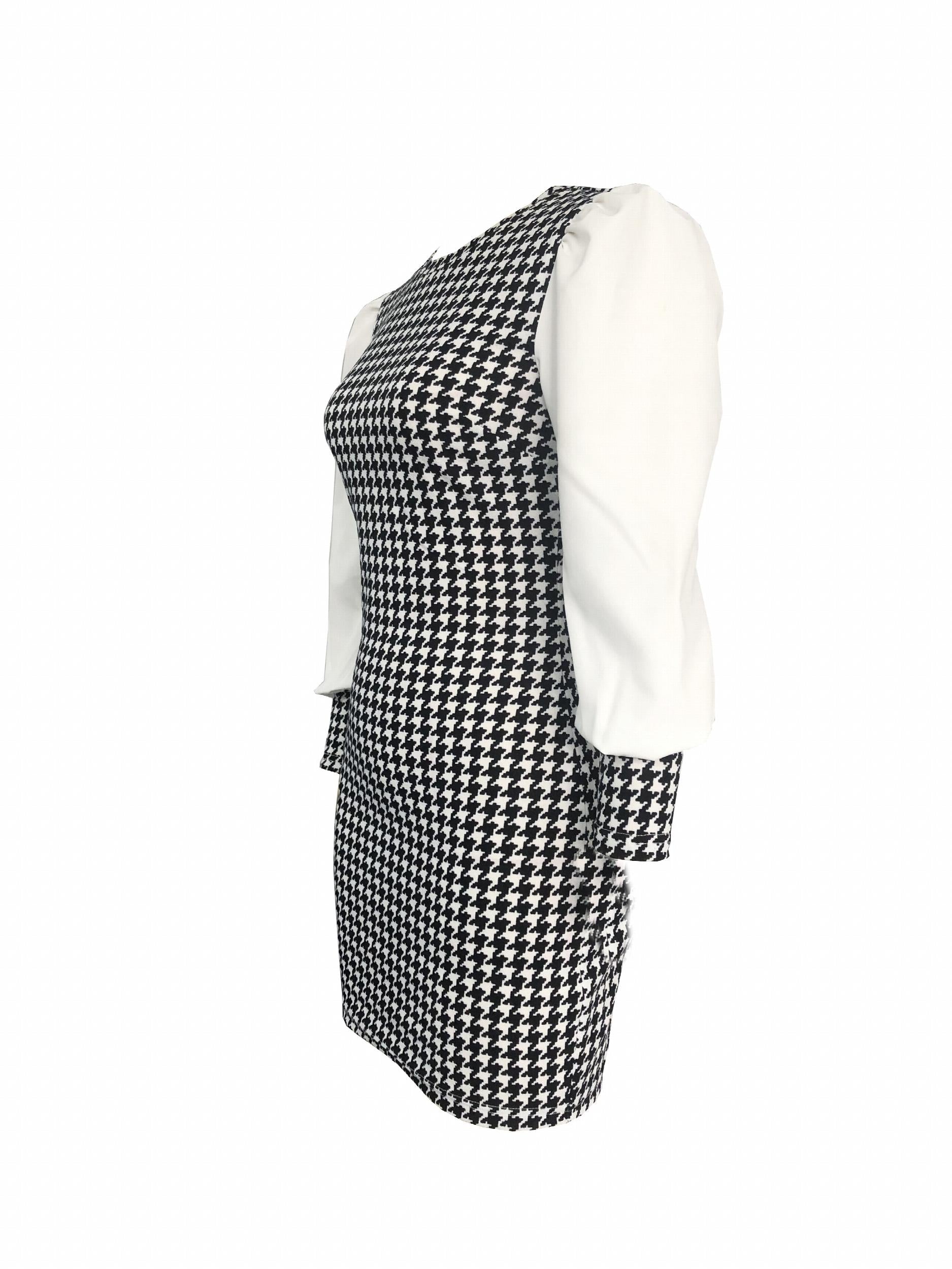 Houndstooth Print Bodycon Long Sleeve Dress