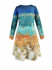 Women's Plus Painting Print Long Sleeve Round Neck Zip Dress