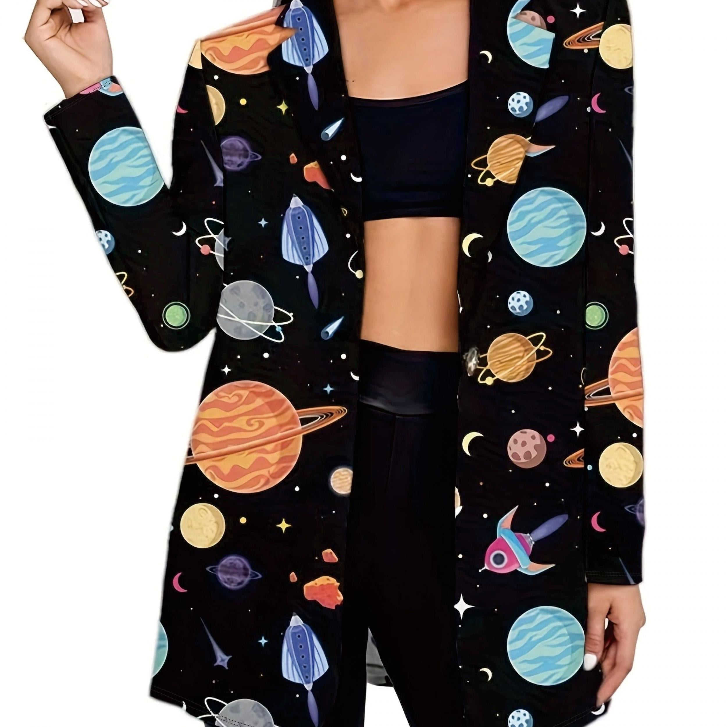  Y2K Planet Print Blazer Long Sleeve Single Button Lapel Collar