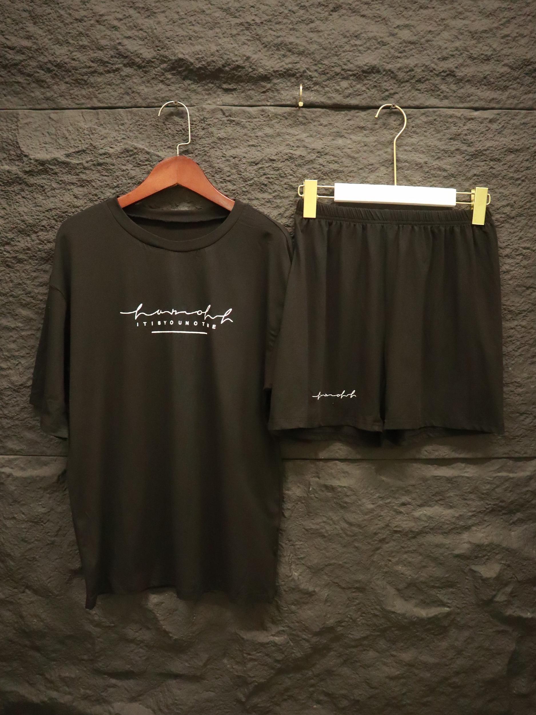 Letter Print 2pc Set Crew Neck Tee & Skinny Shorts Outfit Women's Clothes