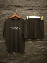 Letter Print 2pc Set Crew Neck Tee & Skinny Shorts Outfit Women's Clothes