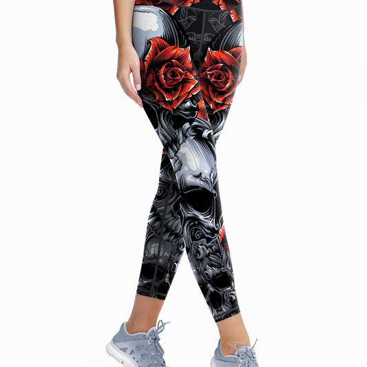 Floral & Skull Print Yoga Pants High Stretch Leggings Halloween Activewear