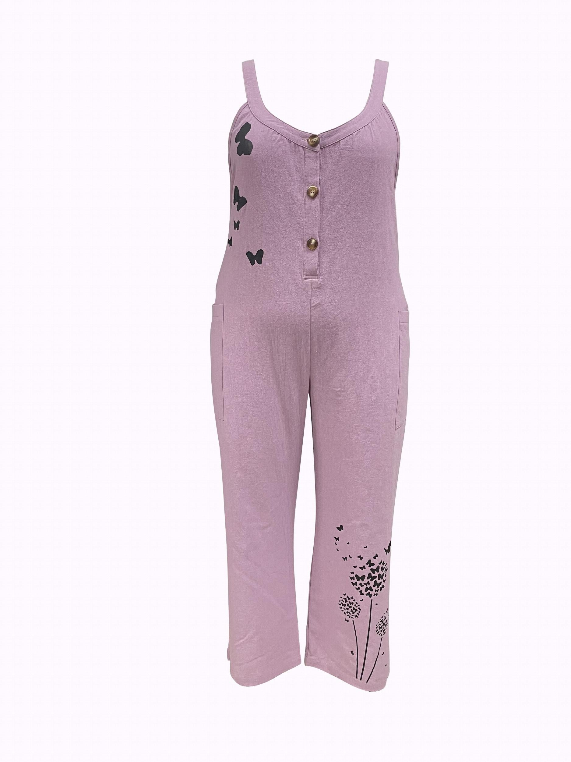  Butterfly & Dandelion Print Wide Leg Jumpsuit
