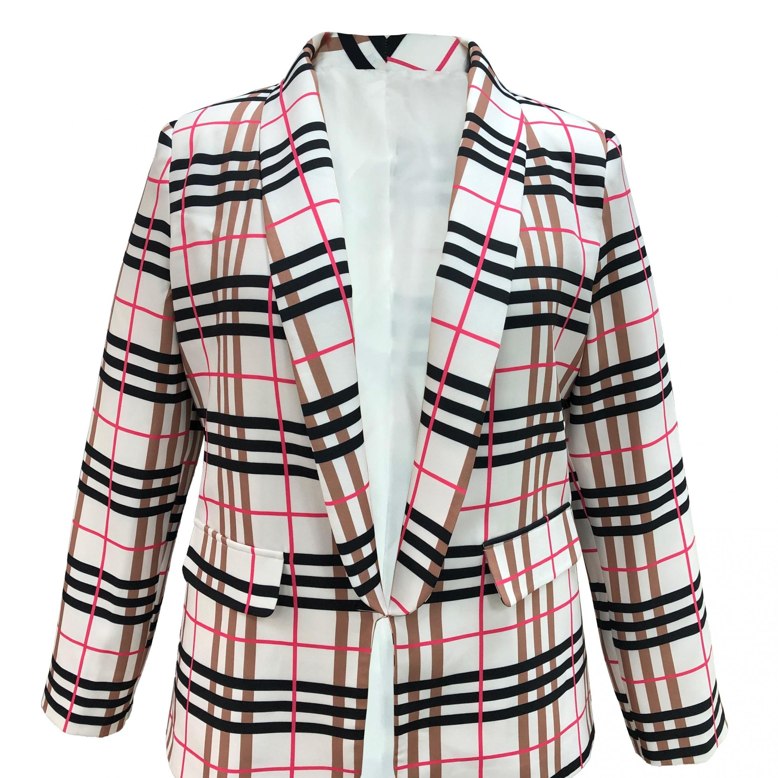 Women's Plus Plaid Print Long Sleeve Blazer