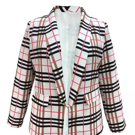Women's Plus Plaid Print Long Sleeve Blazer