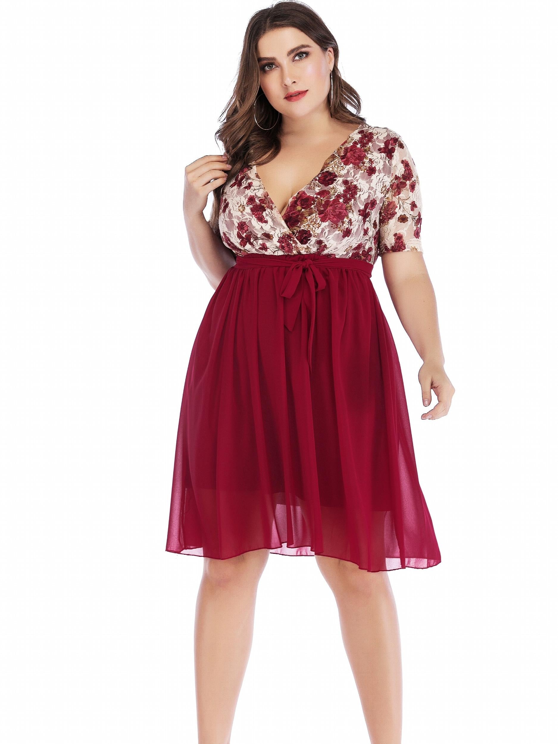 Women's Plus Floral Print Mesh Sleeve Midi Dress