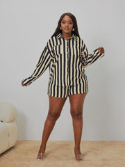 Stripe Print Button Up Blouse & Shorts Outfits 2 Piece Set