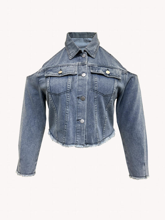  Sexy Denim Jacket - Cold Shoulder Button Up Crop Denim Jacket