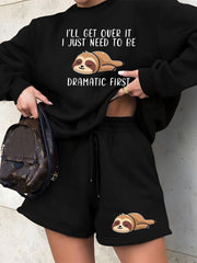 Plus Sloth Print Crew Neck Pullover & Shorts Set