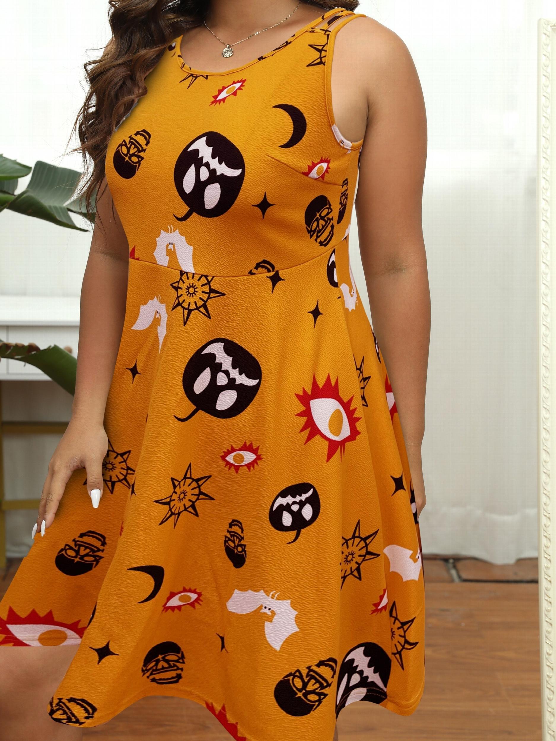  Halloween Cami Dress Pumpkin & Skull Print Criss Cross Back