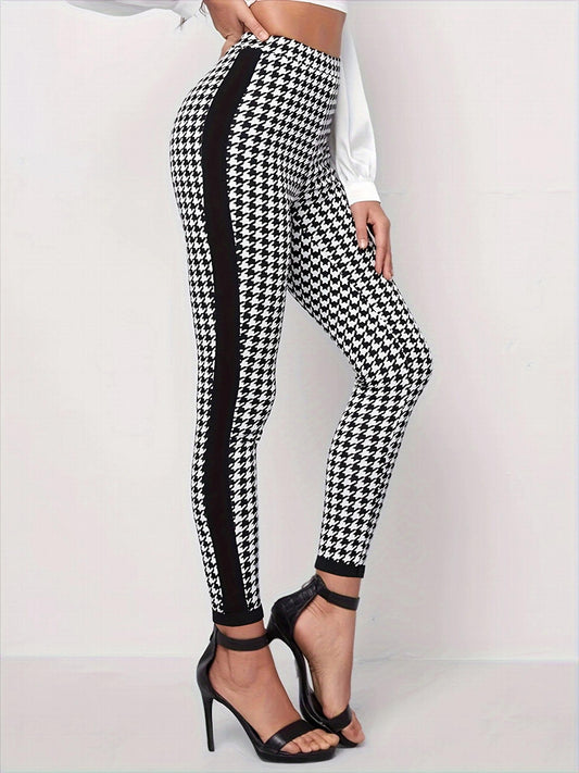  Houndstooth & Striped Print Leggings Medium Stretch Slim Fit