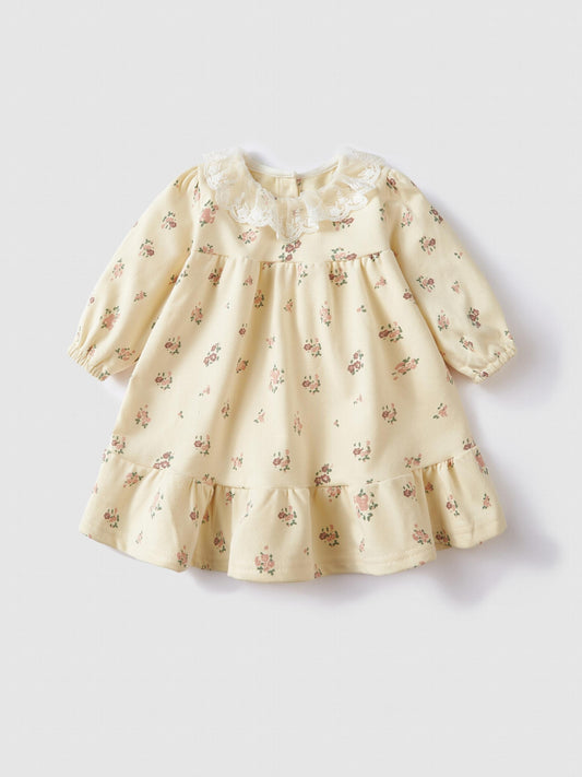 Autumn Baby Girl Floral Print Long Sleeve Lace Neck Casual Dress