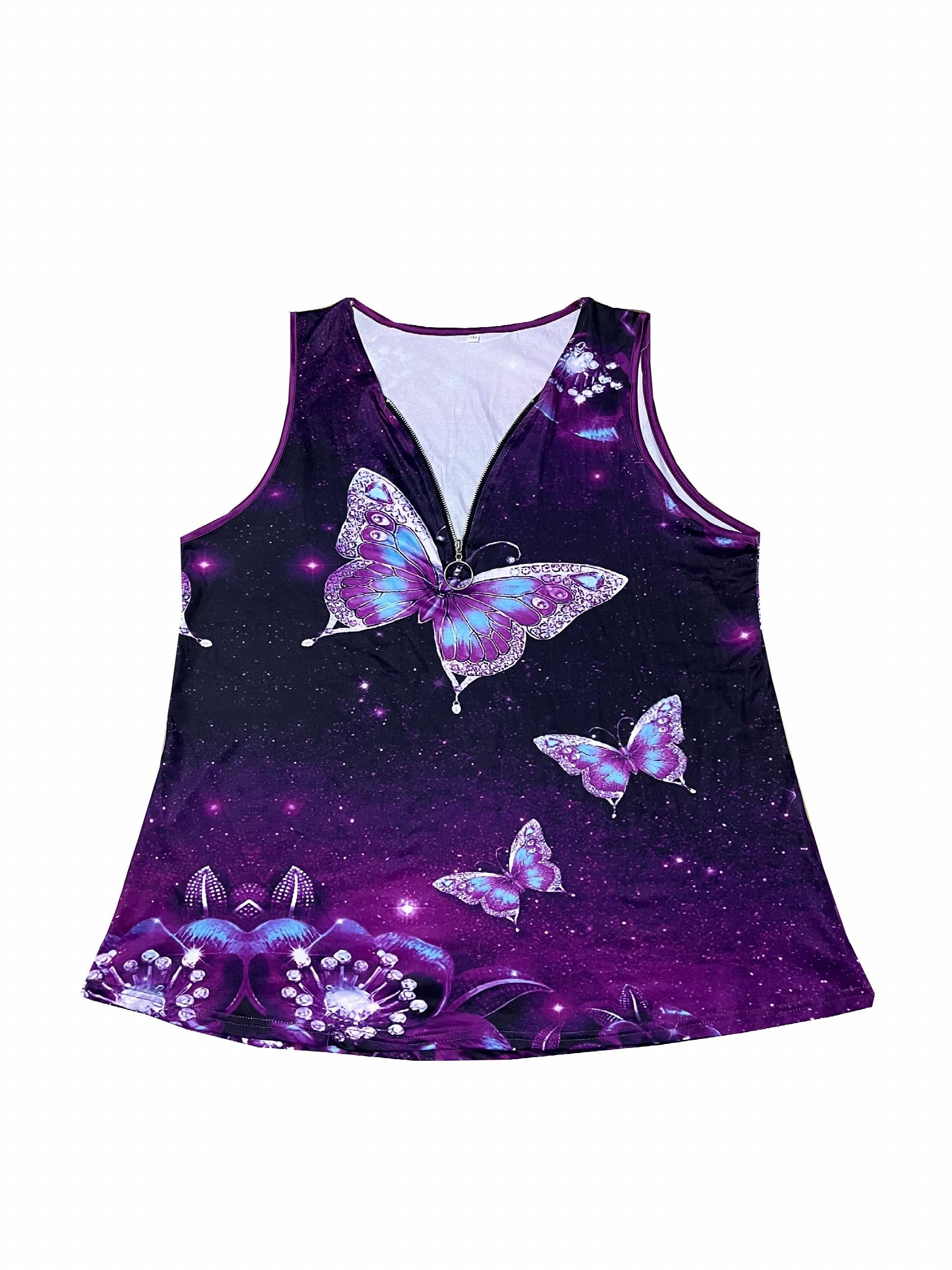 Butterfly Print Zipper V Neck Plus Size Tank Top